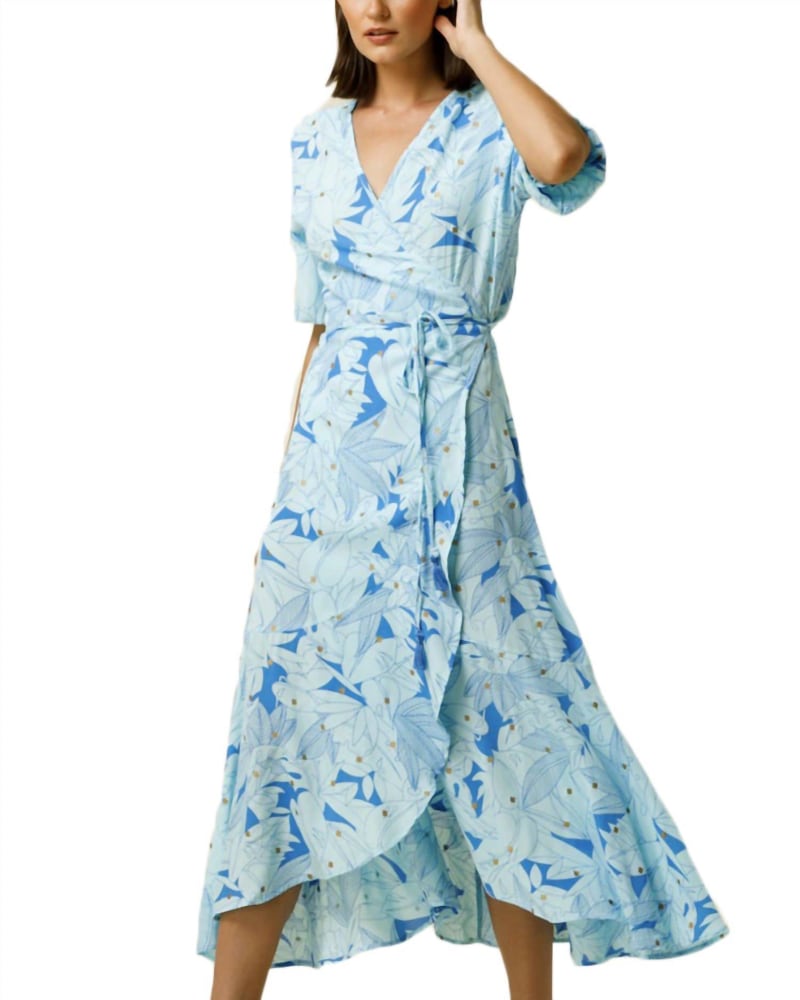 Front of a model wearing a size L Elora Wrap Dress in Blue Multi in Blue Multi by LUSANA. | dia_product_style_image_id:337775